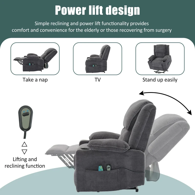 Electric Upholstered Power Lift Massage Chair with Heat, Cup Holders, Remote Control Office Recliner Armchair, 95L x 73W x 102H cm, Grey