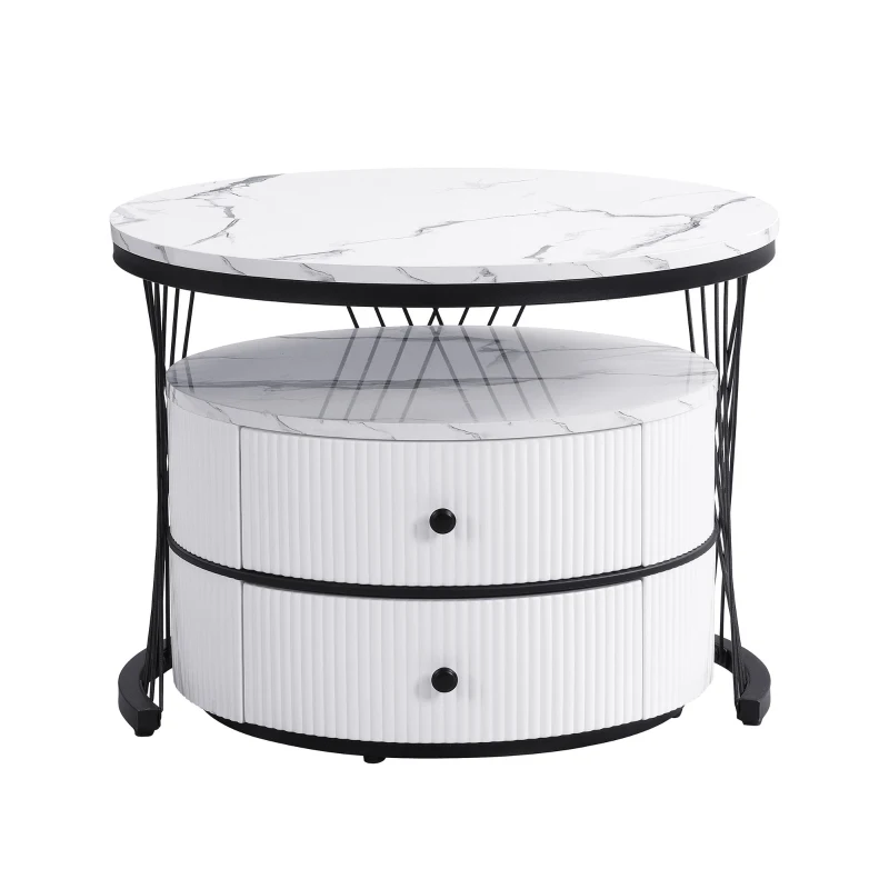 2 Piece High Gloss Nesting Table coffee with Marble-Effect Top, Modern Coffee Table with Storage Drawers, for Living Room, White+Black