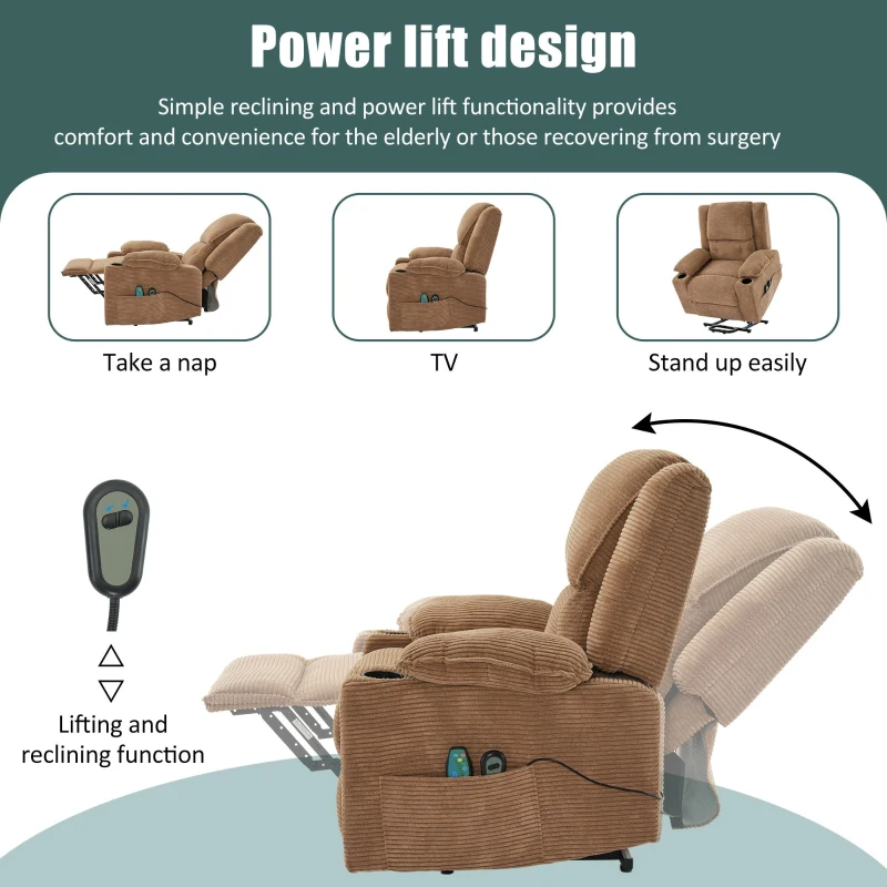 Remote Control Power Lift Massage Chair with Heat, Cup Holders, Upholstered Lounger Chair for Living Room, 95L x 73W x 102H cm, Light Brown