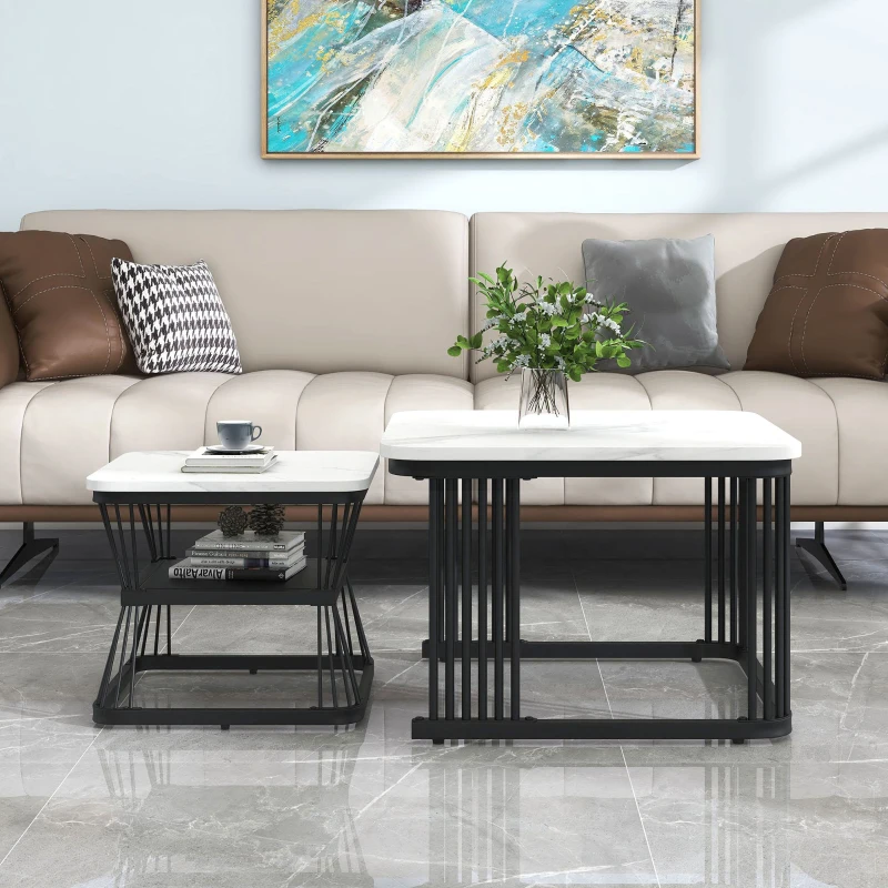 2 Pieces Multi-functional Coffee Tables with Metal Frame and Marble Pattern Top, Square End Tables for Living Room, 65L x 65W x 45H cm, White