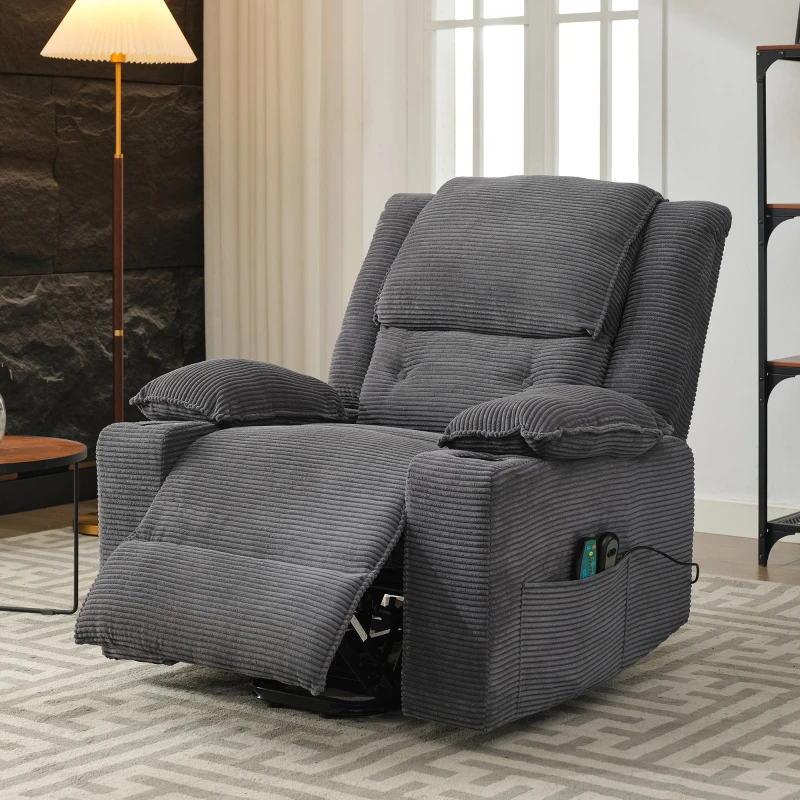 Electric Upholstered Power Lift Massage Chair with Heat, Cup Holders, Remote Control Office Recliner Armchair, 95L x 73W x 102H cm, Grey