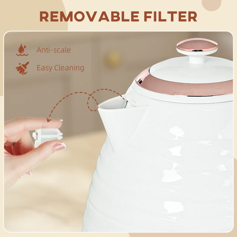 HOMCOM Electric Kettle, 1.7L, Fast Boil, 3kW Water Kettle with Removable Washable Anti-scale Filter, Auto Shut-off, 360° Swivel, BPA Free, Cream White Water Ripple Texture