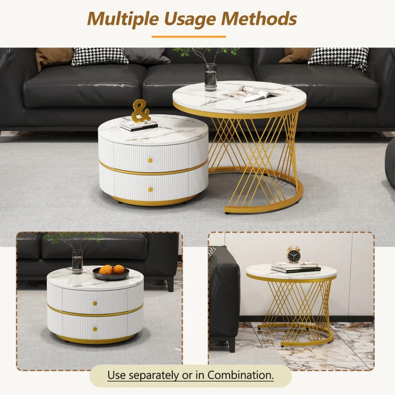 2 Piece High Gloss Round Nesting Coffee Table Set with Marble Top, Living Room Centre Tables with Storage Drawers, Gold+White