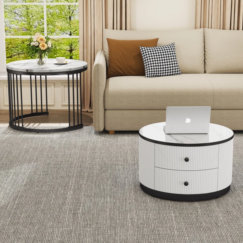High Gloss Nesting Coffee Table with Marble Pattern Top, Storage Drawers, Modern Round Side Tables for Living Room, White+Black