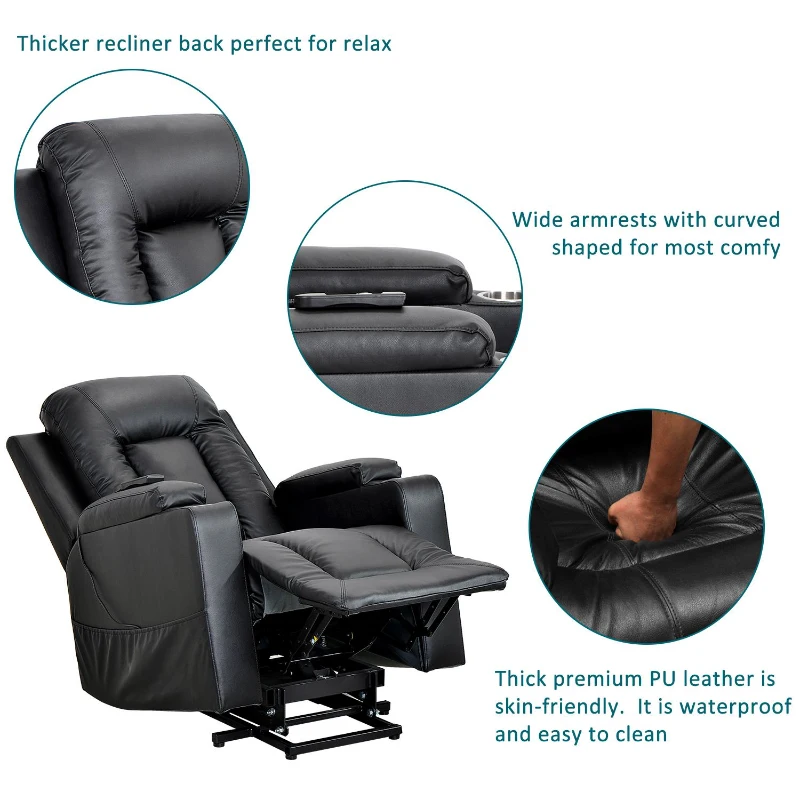 Remote Control Leather Recliner Chair Sofa with Side Pockets, Cup Holders, Electric Recliner Armchair for Elderly, 83L x 90W x 105H cm, Black