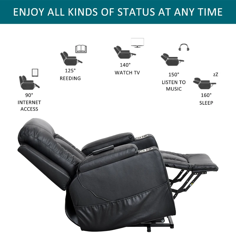 Remote Control Leather Recliner Chair Sofa with Side Pockets, Cup Holders, Electric Recliner Armchair for Elderly, 83L x 90W x 105H cm, Black