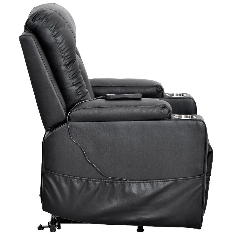 Remote Control Leather Recliner Chair Sofa with Side Pockets, Cup Holders, Electric Recliner Armchair for Elderly, 83L x 90W x 105H cm, Black