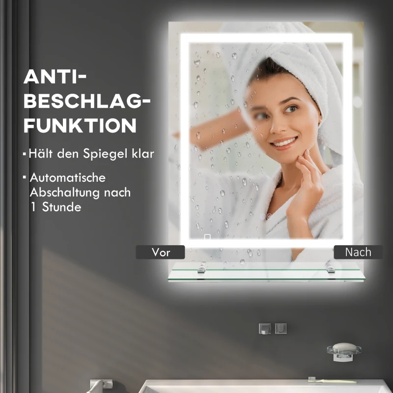 kleankin Badkamerspiegel met LED-Verlichting, 3 Lichtkleuren, Anti-Condensfunctie, Bekabeld, 70 x 50 cm