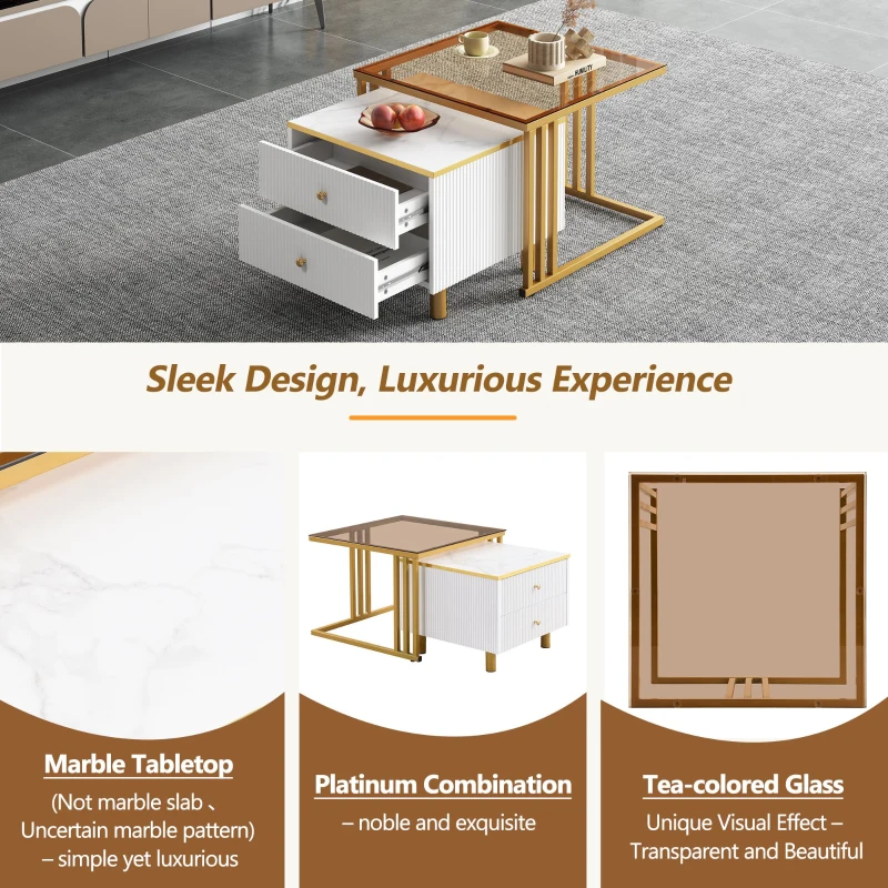 2 Piece Nesting Coffee Table with Marble Pattern and Modern Gold Design, Square Coffee Table with Drawer and Metal Frame, Gold+White