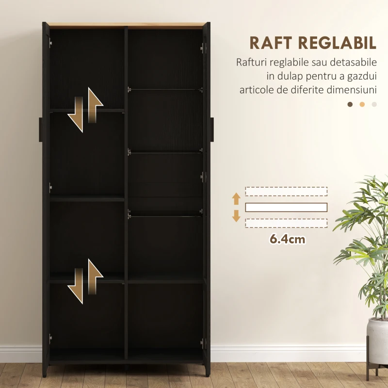 HOMCOM Dulap de Bucătărie cu 9 Rafturi Reglabile, cu Uși de Sticlă și Bază Înălțată din Lemn, 76x36x160 cm, Negru