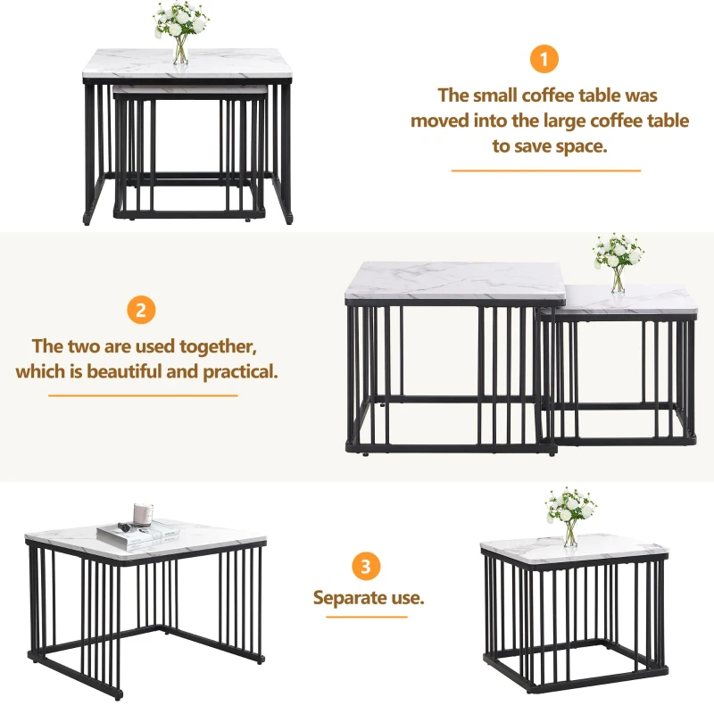 2 Piece High Gloss Coffee Table with Nesting Tables, Marble Side Table with Metal Frame, 60L x 60W x 45H cm, White+Black