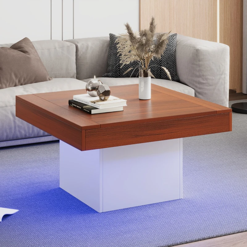 Modern Style Coffee Table with LED Lights, Rustic Industrial Design, Square Coffee Table for Living Room, 70L x 70W x 40H cm, Brown+White