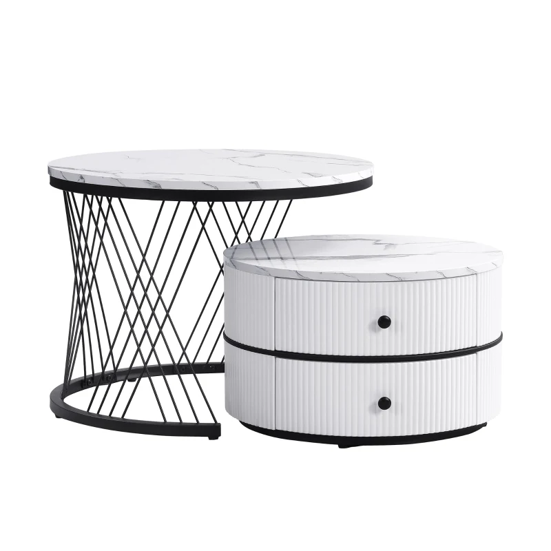 2 Piece High Gloss Nesting Table coffee with Marble-Effect Top, Modern Coffee Table with Storage Drawers, for Living Room, White+Black