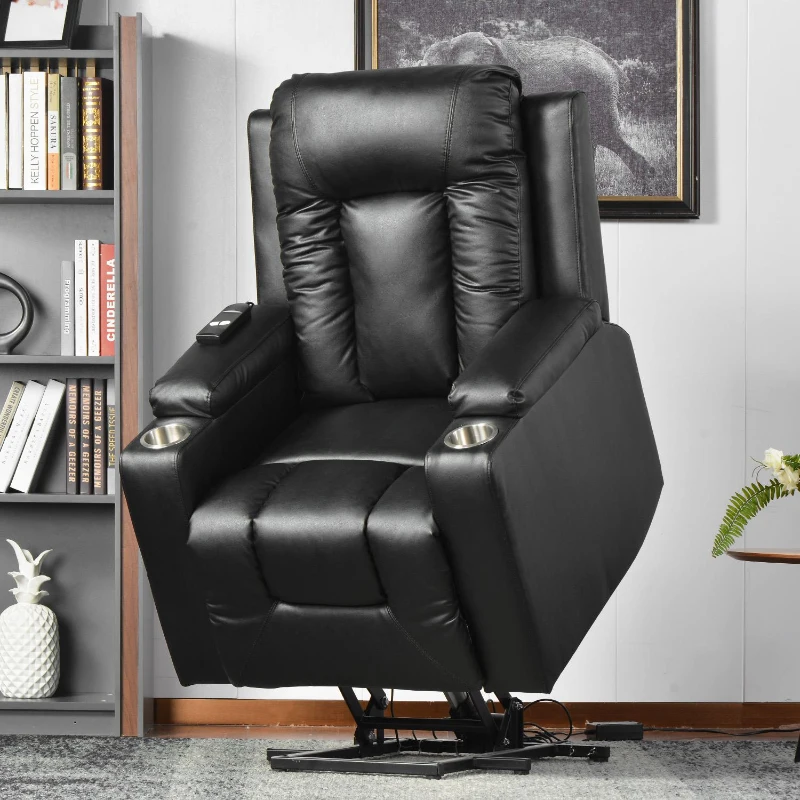 Remote Control Leather Recliner Chair Sofa with Side Pockets, Cup Holders, Electric Recliner Armchair for Elderly, 83L x 90W x 105H cm, Black