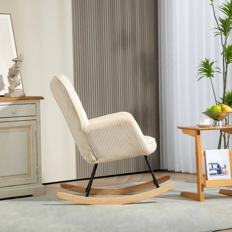 HOMCOM Vintage Schommelstoel, Gebogen Onderstellen, Dikke Bekleding, Beukenhout & Staal, Beige