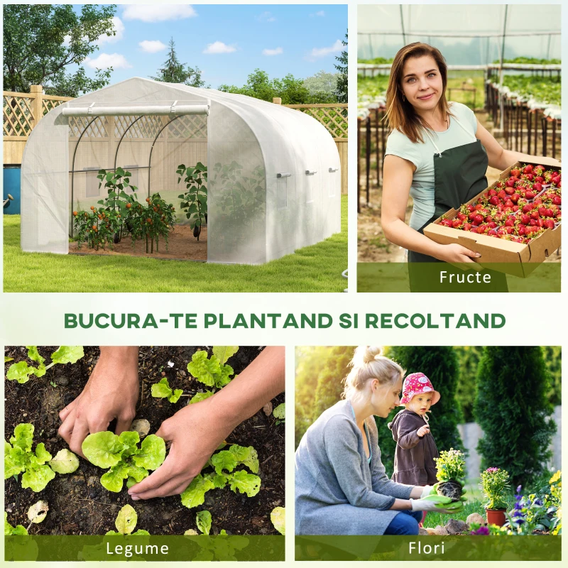 Outsunny Seră Tunel pentru Grădină cu 6 Ferestruici și Ușă Rulantă, Seră pentru Grădină din Oțel, 3,5x3x2 m, Alb(m-6)