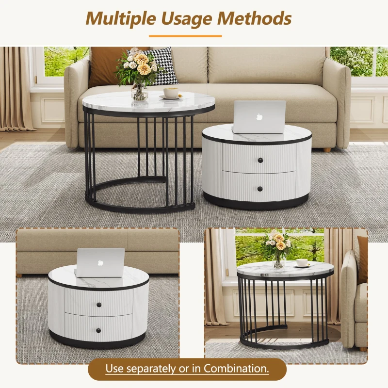 High Gloss Nesting Coffee Table with Marble Pattern Top, Storage Drawers, Modern Round Side Tables for Living Room, White+Black