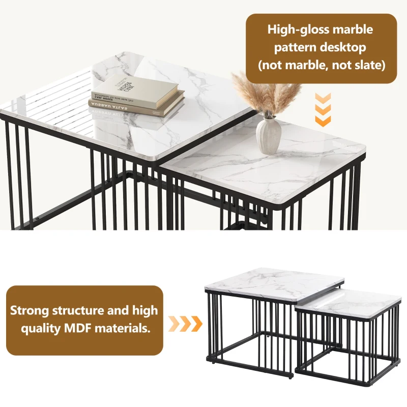 2 Piece High Gloss Coffee Table with Nesting Tables, Marble Side Table with Metal Frame, 60L x 60W x 45H cm, White+Black