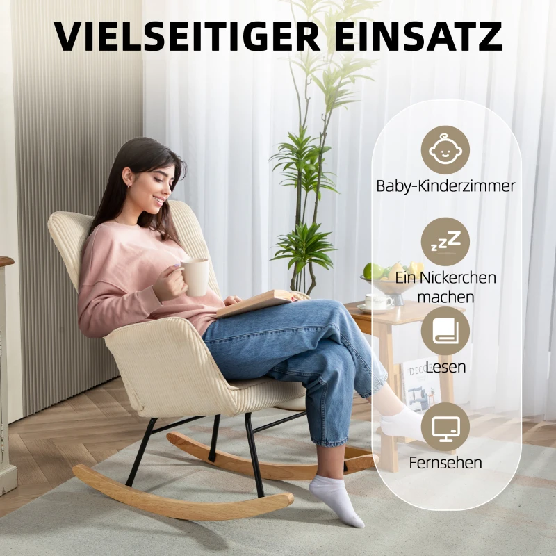 HOMCOM Vintage Schommelstoel, Gebogen Onderstellen, Dikke Bekleding, Beukenhout & Staal, Beige