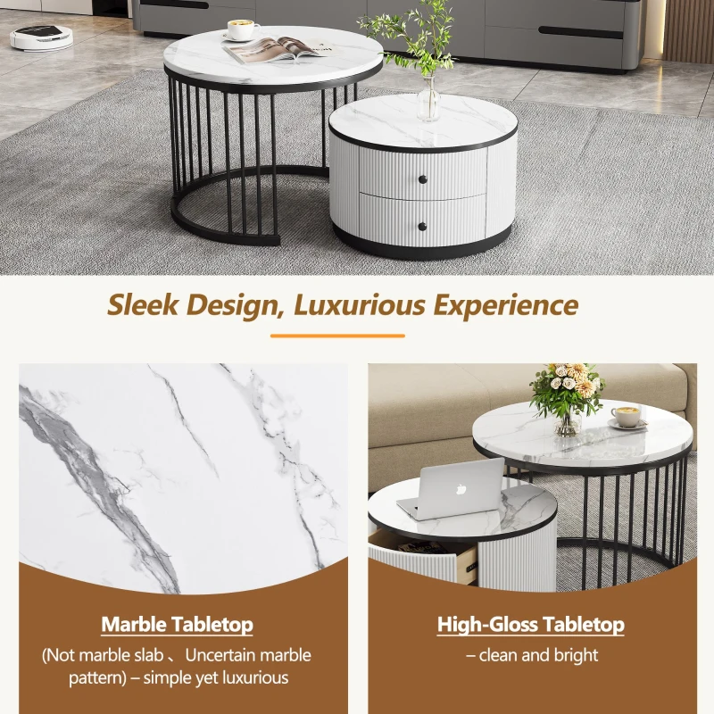 High Gloss Nesting Coffee Table with Marble Pattern Top, Storage Drawers, Modern Round Side Tables for Living Room, White+Black