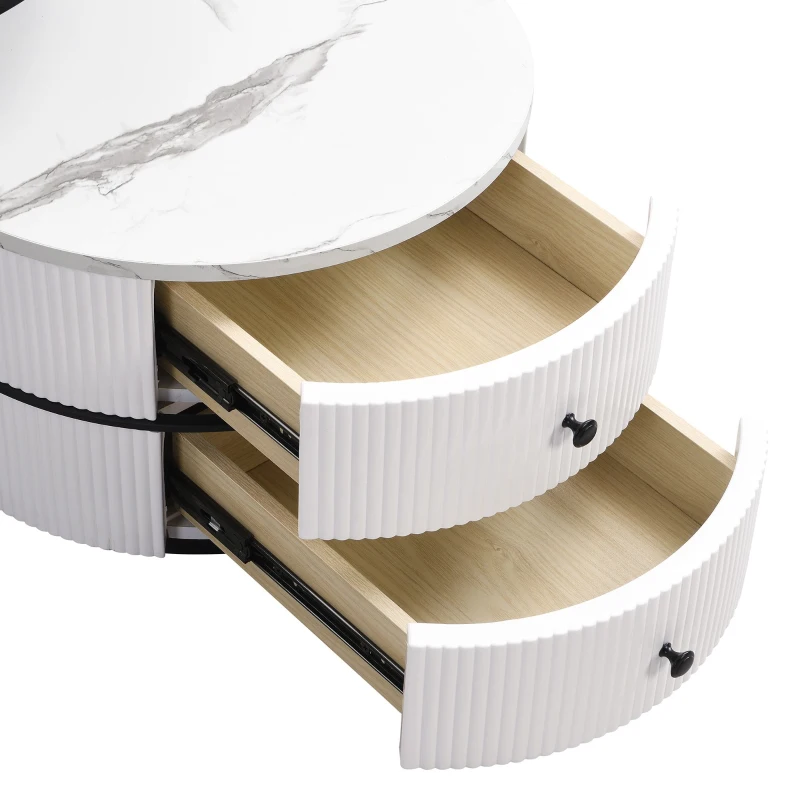 2 Piece High Gloss Nesting Table coffee with Marble-Effect Top, Modern Coffee Table with Storage Drawers, for Living Room, White+Black