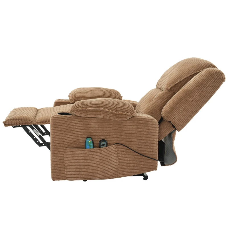 Remote Control Power Lift Massage Chair with Heat, Cup Holders, Upholstered Lounger Chair for Living Room, 95L x 73W x 102H cm, Light Brown