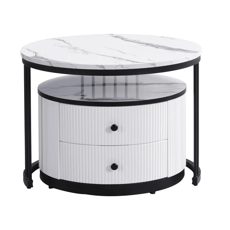 High Gloss Nesting Coffee Table with Marble Pattern Top, Storage Drawers, Modern Round Side Tables for Living Room, White+Black