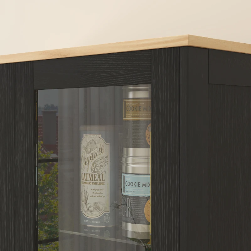 HOMCOM Dulap de Bucătărie cu 9 Rafturi Reglabile, cu Uși de Sticlă și Bază Înălțată din Lemn, 76x36x160 cm, Negru