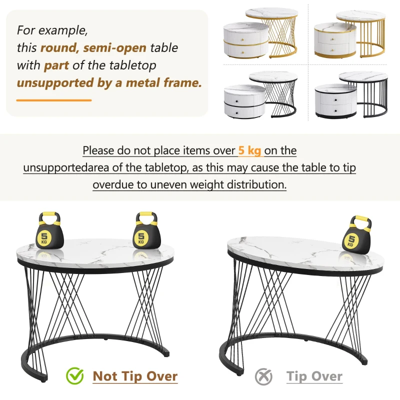 2 Piece High Gloss Nesting Table coffee with Marble-Effect Top, Modern Coffee Table with Storage Drawers, for Living Room, White+Black