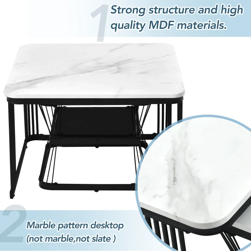 2 Pieces Multi-functional Coffee Tables with Metal Frame and Marble Pattern Top, Square End Tables for Living Room, 65L x 65W x 45H cm, White