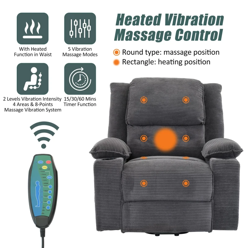 Electric Upholstered Power Lift Massage Chair with Heat, Cup Holders, Remote Control Office Recliner Armchair, 95L x 73W x 102H cm, Grey