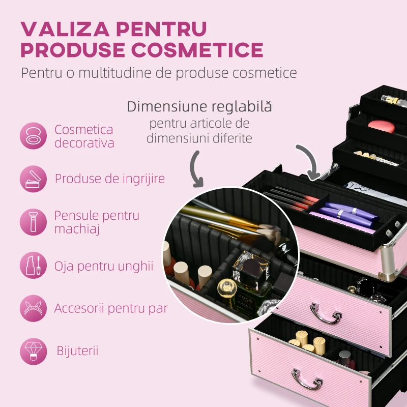HOMCOM Husă pentru Călătorii de Machiaj, Cărucior Mare de Depozitare pentru Produse Cosmetice, 37x23x59 cm, Roz