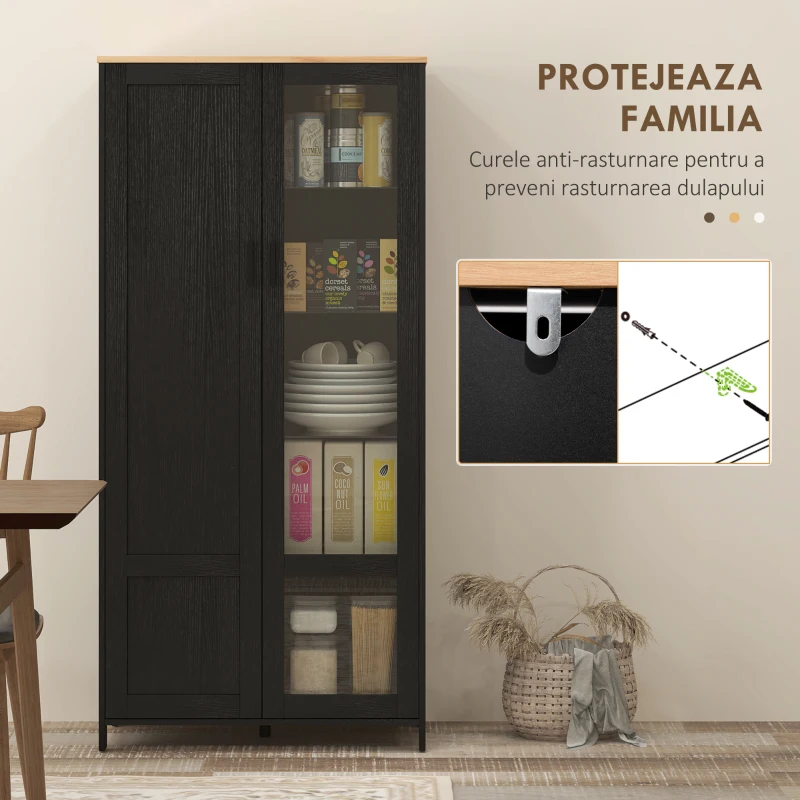 HOMCOM Dulap de Bucătărie cu 9 Rafturi Reglabile, cu Uși de Sticlă și Bază Înălțată din Lemn, 76x36x160 cm, Negru
