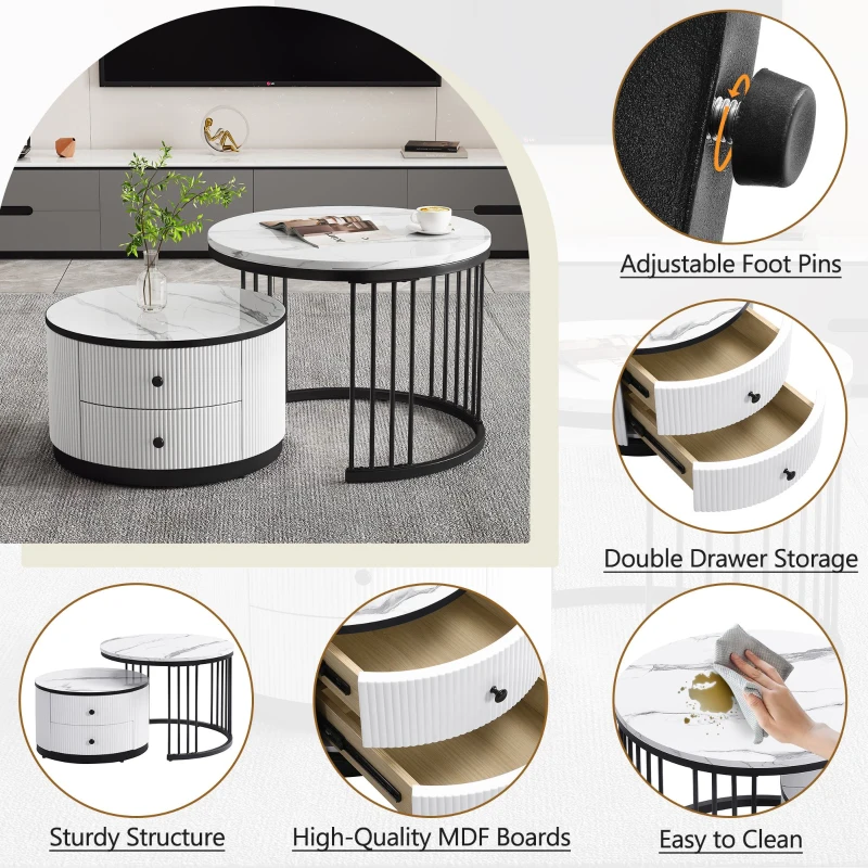 High Gloss Nesting Coffee Table with Marble Pattern Top, Storage Drawers, Modern Round Side Tables for Living Room, White+Black