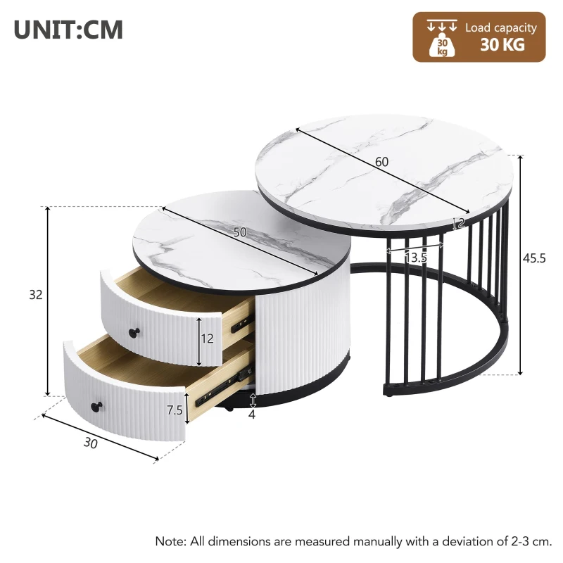 High Gloss Nesting Coffee Table with Marble Pattern Top, Storage Drawers, Modern Round Side Tables for Living Room, White+Black