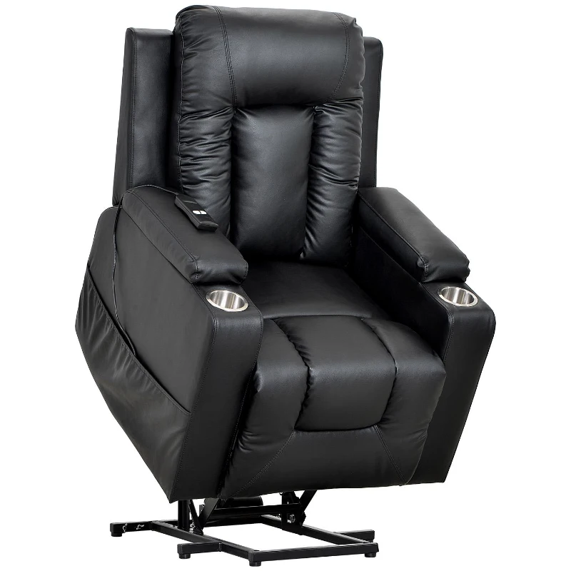 Remote Control Leather Recliner Chair Sofa with Side Pockets, Cup Holders, Electric Recliner Armchair for Elderly, 83L x 90W x 105H cm, Black