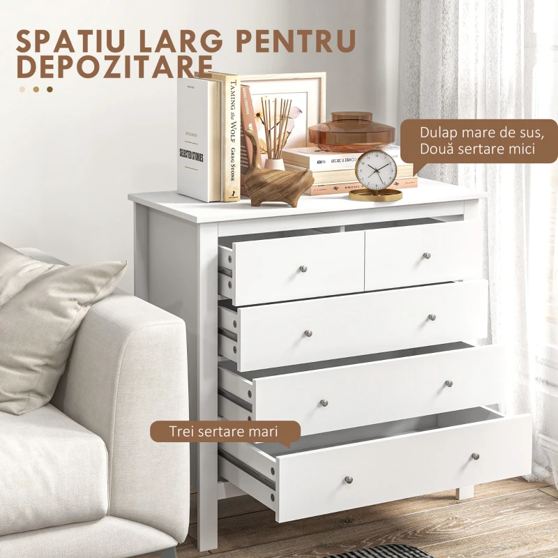 HOMCOM Comodă cu 2 Sertare Mici și 3 Sertare Mari, Comodă de Dormitor din Lemn, 79x39,5x80,5 cm, Alb(m-4)