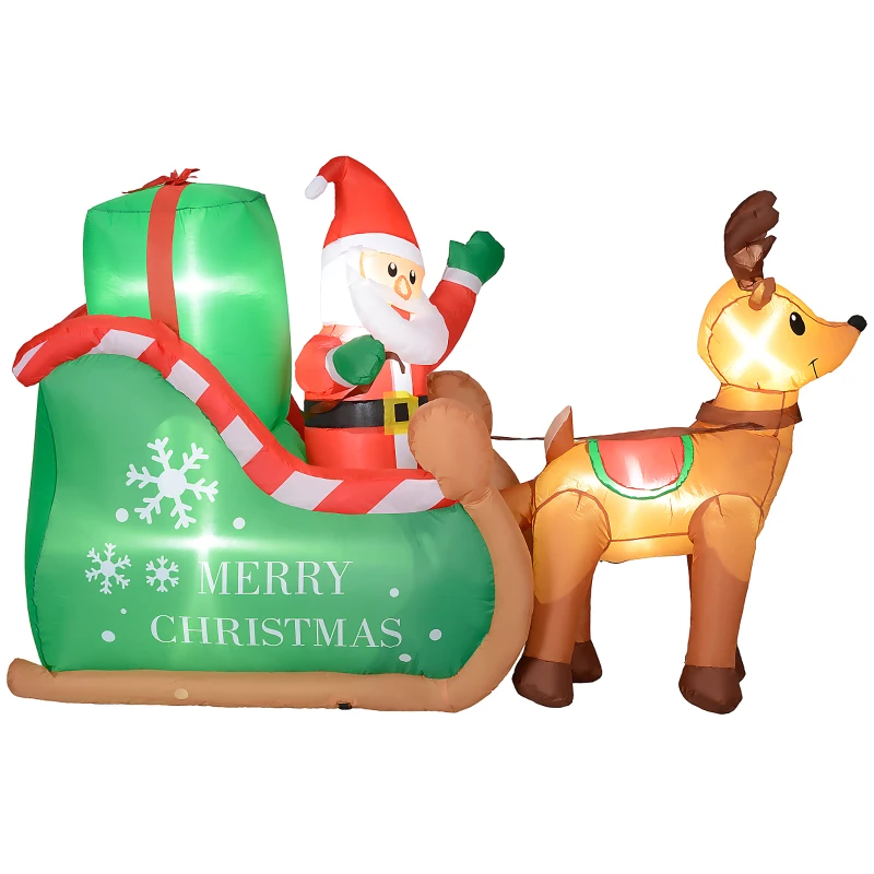 Outsunny Kerstman met Slee & Rendier, Opblaasbaar met Witte LED-Verlichting, 210 x 80 x 140 cm