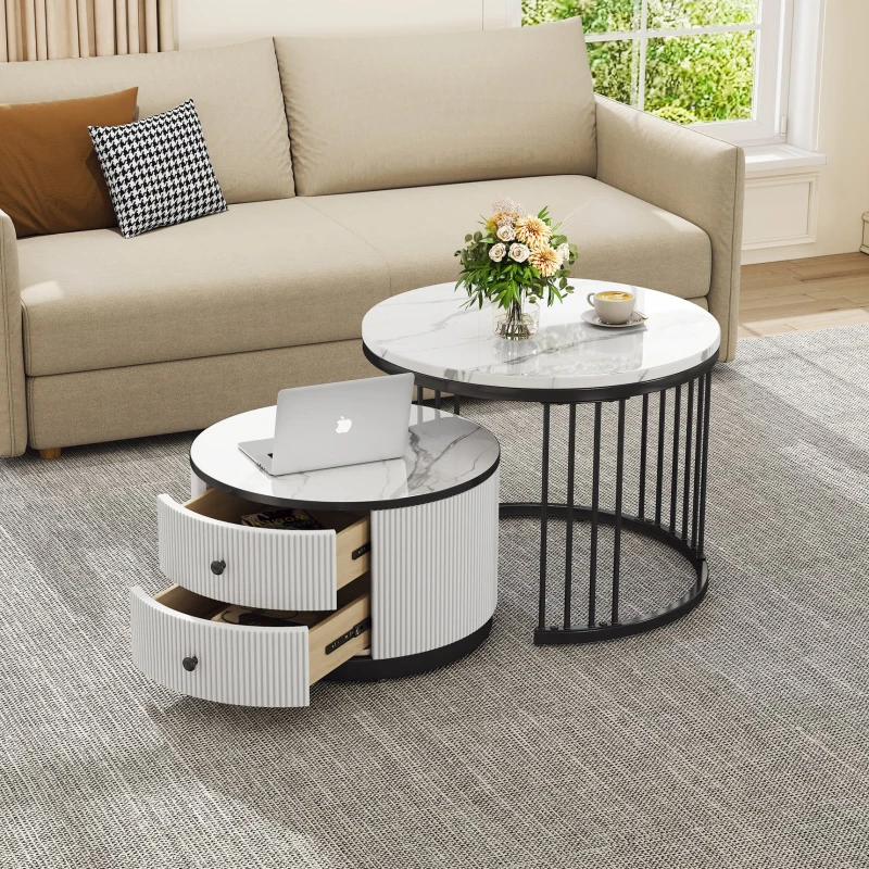 High Gloss Nesting Coffee Table with Marble Pattern Top, Storage Drawers, Modern Round Side Tables for Living Room, White+Black