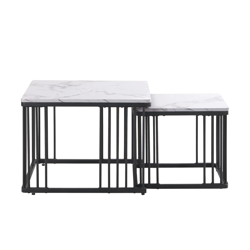 2 Piece High Gloss Coffee Table with Nesting Tables, Marble Side Table with Metal Frame, 60L x 60W x 45H cm, White+Black