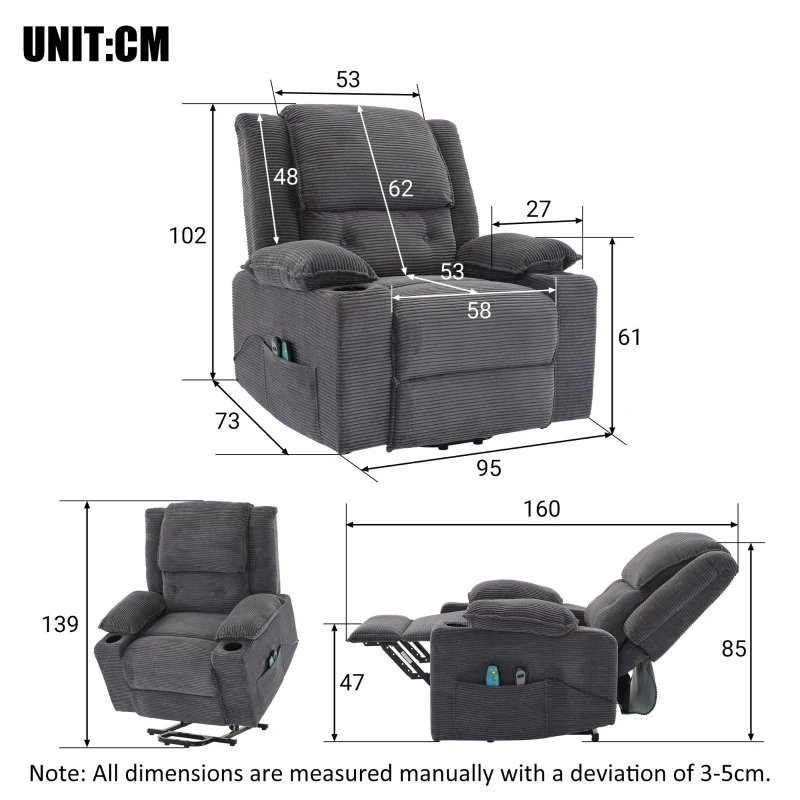 Electric Upholstered Power Lift Massage Chair with Heat, Cup Holders, Remote Control Office Recliner Armchair, 95L x 73W x 102H cm, Grey