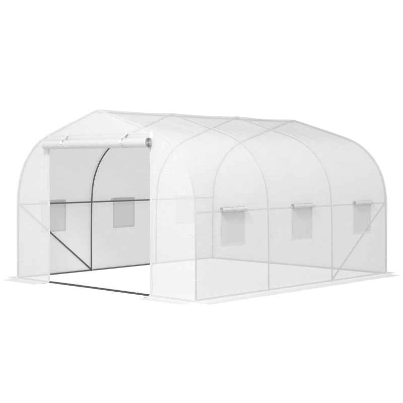 Outsunny Seră Tunel pentru Grădină cu 6 Ferestruici și Ușă Rulantă, Seră pentru Grădină din Oțel, 3,5x3x2 m, Alb(m-10)