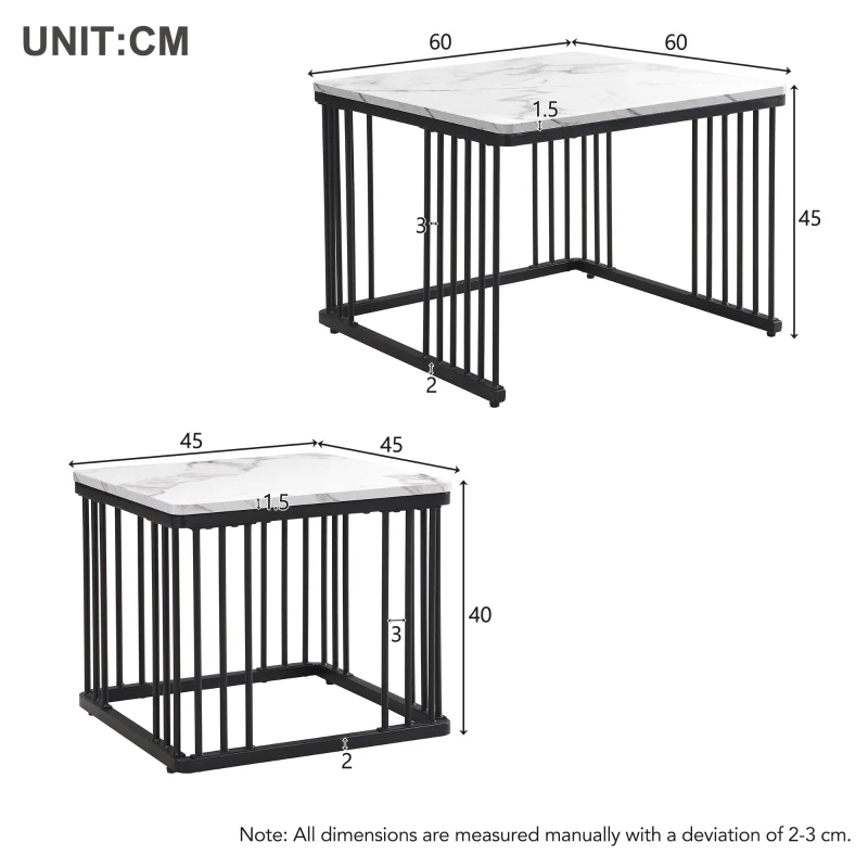 2 Piece High Gloss Coffee Table with Nesting Tables, Marble Side Table with Metal Frame, 60L x 60W x 45H cm, White+Black