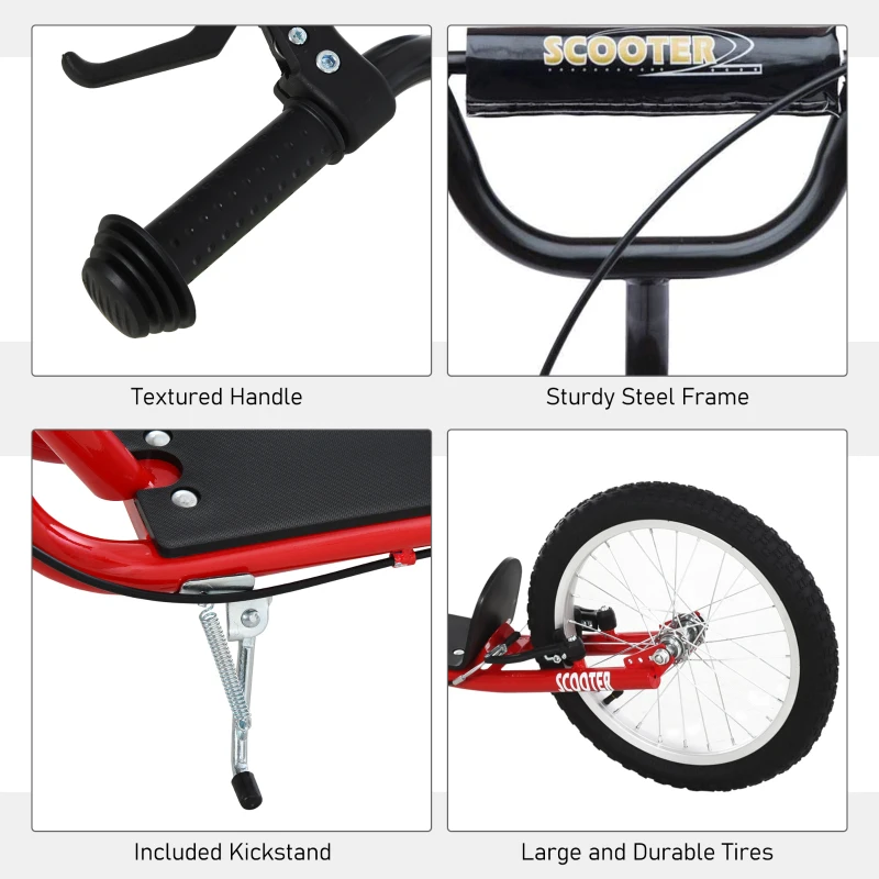 HOMCOM Youth Kids Kick Scooter Adjustable Handlebar Teens Ride On Toy For 5+ w/ Front and Rear Dual Brakes Inflatable Wheels-Red