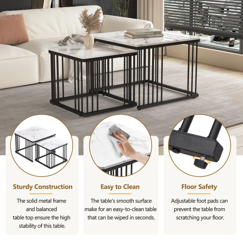 2 Piece High Gloss Coffee Table with Nesting Tables, Marble Side Table with Metal Frame, 60L x 60W x 45H cm, White+Black