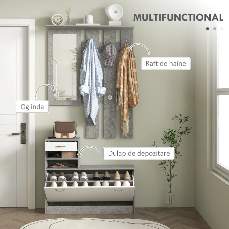 HOMCOM Mobilier pentru Hol cu Raft pentru Încălțăminte, Oglindă, 6 Cârlige, 2 Rafturi și Sertare, 90x24x177 cm, Gri