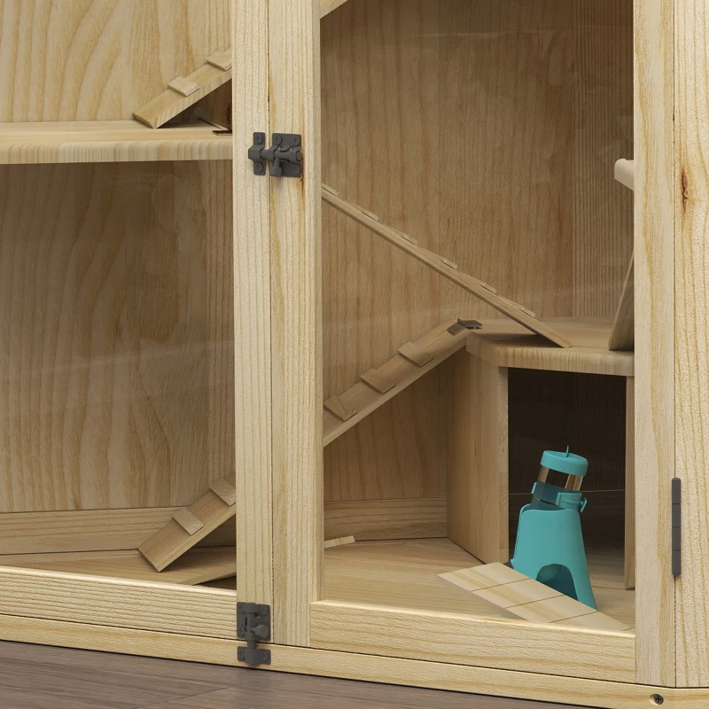 PawHut Hamsterkooi, 4-Laags Ontwerp, met Voederstation, Wip, Loopplank, Hutjes, 115 x 69,5 x 79 cm, Hout