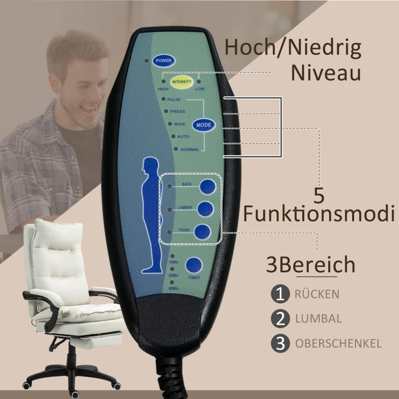 Vinsetto Massage-Bureaustoel, Werkstoel met Massagefunctie, Hoogteverstelbare Ergonomische Draaistoel, Nylon, Crèmewit(m-4)