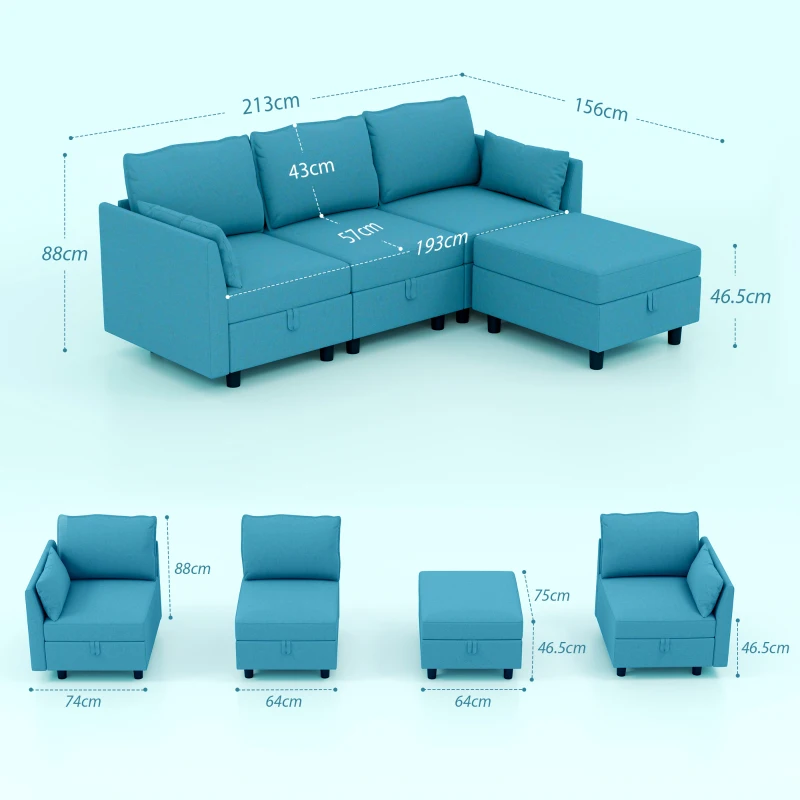 HOMCOM Canapea Modulară cu Taburet și Spații de Depozitare, Canapea Colțar în Formă de L, 213x156x88 cm, Albastru