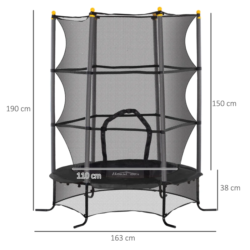 HOMCOM Trambulină pentru Copii 3-10 Ani cu Plasă de Siguranță, Suprafață Elastică cu Bare Capitonate, Ø163x190 cm, Negru